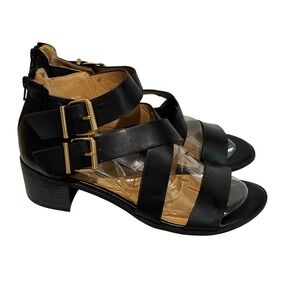 American Eagle Black Leather Double Buckle Block Heel Sandals sz 9.5 capsule